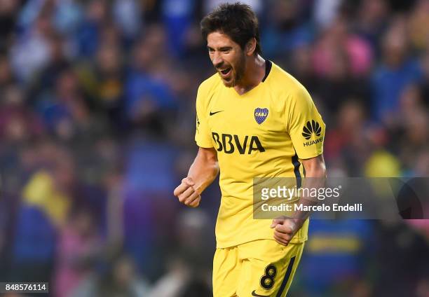 Pablo Perez of Boca Juniors celebrates after scoring the second goal of his team during a match between Boca Juniors and Godoy Cruz as part of...