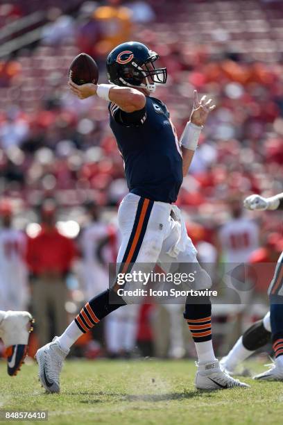 Chicago Bears quarterback Mike Glennon throws a touchdown pass during an NFL football game between the Chicago Bears and the Tampa Bay Buccaneers on...