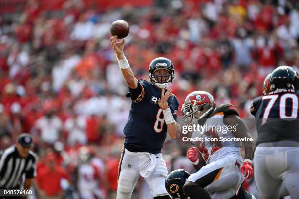 Chicago Bears quarterback Mike Glennon throws a pass during an NFL football game between the Chicago Bears and the Tampa Bay Buccaneers on September...