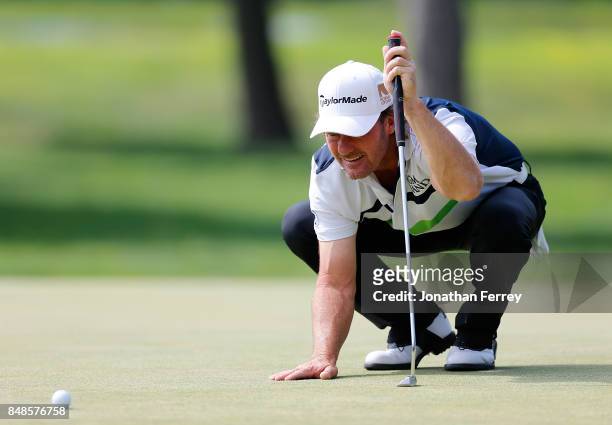 Alex Cejka of Germany lines up a putt on the 1st hole during the final round of the Web.com Tour Albertson's Boise Open at Hillcrest Country Club on...