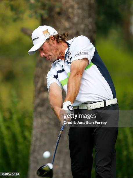 Alex Cejka of Germany tees off on the 2nd hole during the final round of the Web.com Tour Albertson's Boise Open at Hillcrest Country Club on...