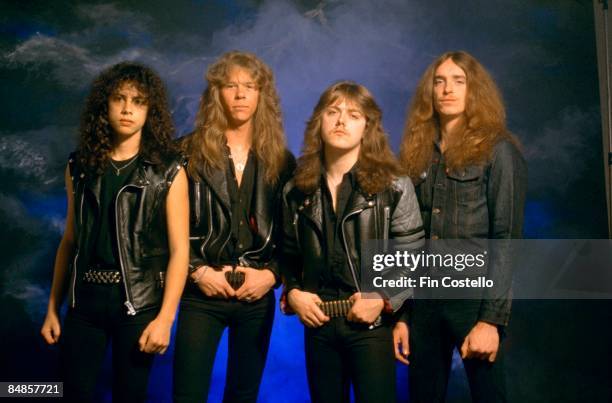 Photo of Cliff BURTON and METALLICA and Kirk HAMMETT and James HETFIELD and Lars ULRICH; L-R: Kirk Hammett, James Hetfield, Lars Ulrich, Cliff Burton...