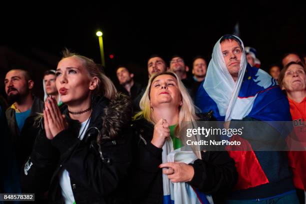 Fans celebrating in Ljubljana, Slovania, on September 17, 2017 after Slovenian basketball team historical win in European Championship in Istanbul on...