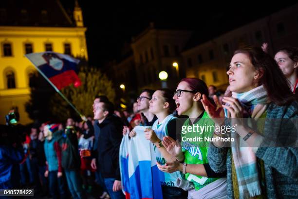 Fans celebrating in Ljubljana, Slovania, on September 17, 2017 after Slovenian basketball team historical win in European Championship in Istanbul on...