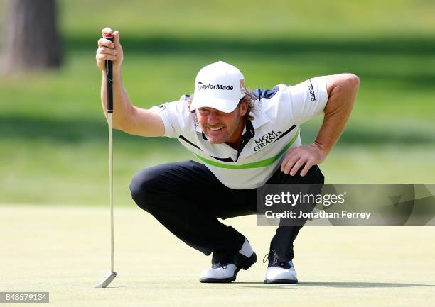 Alex Cejka of Germany lines up a putt on the 1st hole during the final round of the Web.com Tour Albertson's Boise Open at Hillcrest Country Club on...