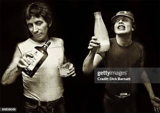 Photo of Bon Scott AC/DC and Angus Young; London 1976