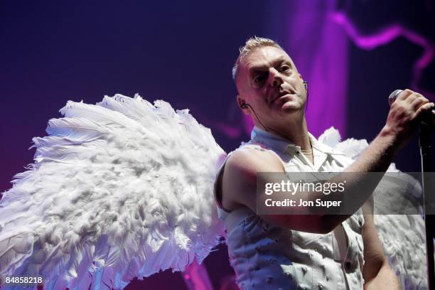 Photo of Erasure, Erasure play the Manchester Apollo., Pic shows Vince Clarke flying high., ....... Pic Jim Sharp