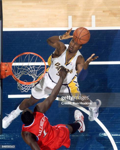 Roy Hibbert of the Indiana Pacers battles Samuel Dalembert of the Philadelphia 76ers at Conseco Fieldhouse on February 17, 2009 in Indianapolis,...