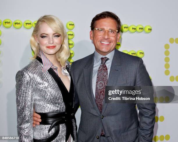 Emma Stone and Steve Carell attend the premiere of Fox Searchlight Picture 'Battle Of The Sexes' at Regency Village Theatre on September 16, 2017 in...