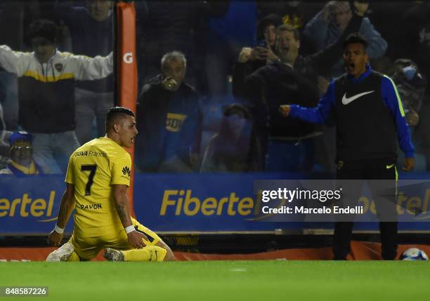 Cristian Pavon of Boca Juniors celebrates after scoring the third goal of his team during a match between Boca Juniors and Godoy Cruz as part of...