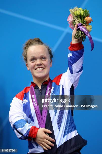 Great Britain's Eleanor Simmonds on the podium with her silver medal for the Women's 100m Freestyle - S6 final at the Aquatic Centre, London.