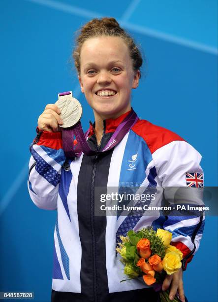 Great Britain's Eleanor Simmonds on the podium with her silver medal for the Women's 100m Freestyle - S6 final at the Aquatic Centre, London.