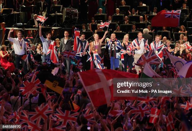 Medal winning athletes from Team GB on the stage at the Royal Albert Hall, during the finale to the BBC Last Night of the Proms 2012.