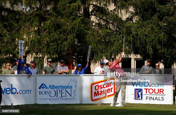 Chesson Hadley tees off on the 1st hole during the final round of the Web.com Tour Albertson's Boise Open at Hillcrest Country Club on September 17,...