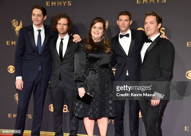 Actors Pete Davidson, Kyle Mooney, Aidy Bryant, Mikey Day and Beck Bennett attend the 69th Annual Primetime Emmy Awards at Microsoft Theater on...