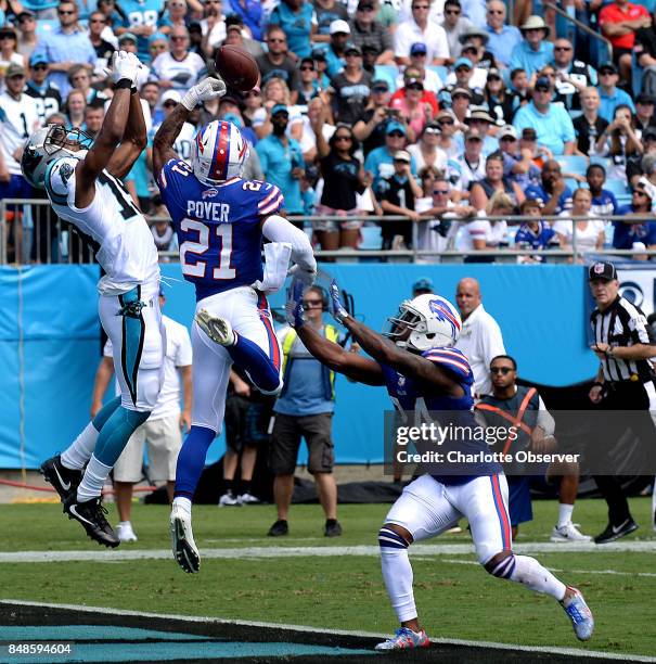 Carolina Panthers wide receiver Russell Shepard, right, is unable catch a pass from quarterback Cam Newton during second quarter action as Buffalo...