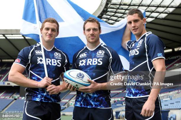 Scotland 7s Michael Fedo, Scott Riddell and Lewis Young during a photo call at Murrayfield Stadium, Edinburgh.