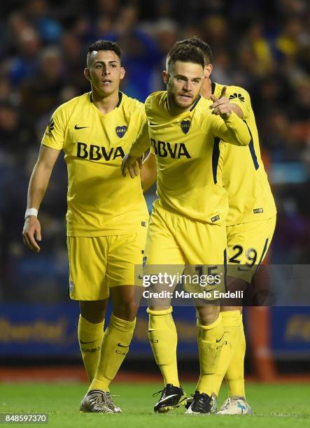 Nahitan Nandez of Boca Juniors celebrates with teammates after scoring the fourth goal of his team during a match between Boca Juniors and Godoy Cruz...