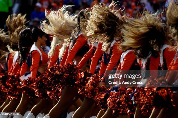The Denver Broncos cheerleaders work during the second quarter on Sunday, September 17, 2017. The Denver Broncos hosted the Dallas Cowboys.