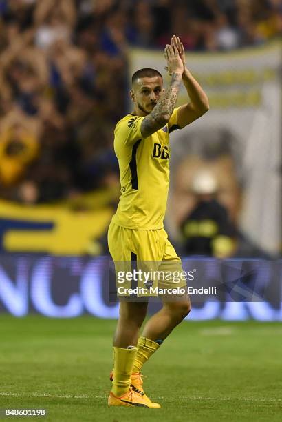 Dario Benedetto of Boca Juniors waves the fans after winning a match between Boca Juniors and Godoy Cruz as part of Superliga 2017/18 at Alberto J....