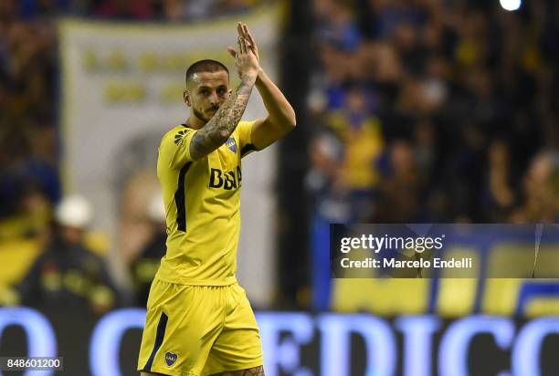 Dario Benedetto of Boca Juniors waves the fans after winning a match between Boca Juniors and Godoy Cruz as part of Superliga 2017/18 at Alberto J....