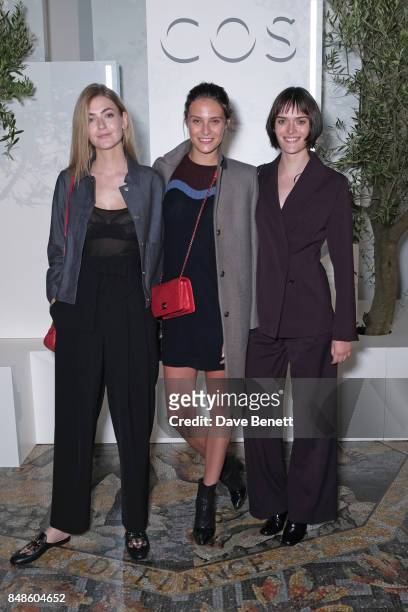 Eve Delf, Charlotte Wiggins and Sam Rollinson attend the COS 10 year anniversary party at The National Gallery on September 17, 2017 in London,...