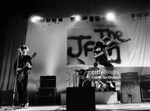 Photo of JAM and Paul WELLER and Rick BUCKLER and Bruce FOXTON, L-R: Paul Weller, Rick Buckler, Bruce Foxton performing live onstage, with The Jam...