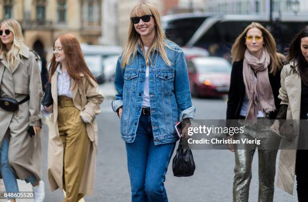 Lisa Aiken wearing denim jacket outside Preen during London Fashion Week September 2017 on September 17, 2017 in London, England.