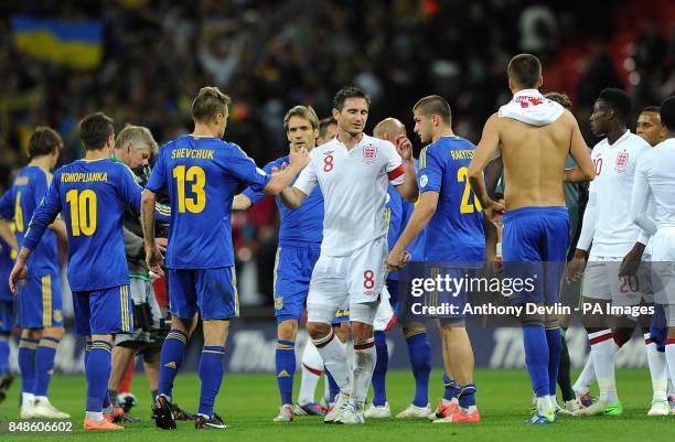 England captain Frank Lampard shakes hands with Ukraine players after the final whistle
