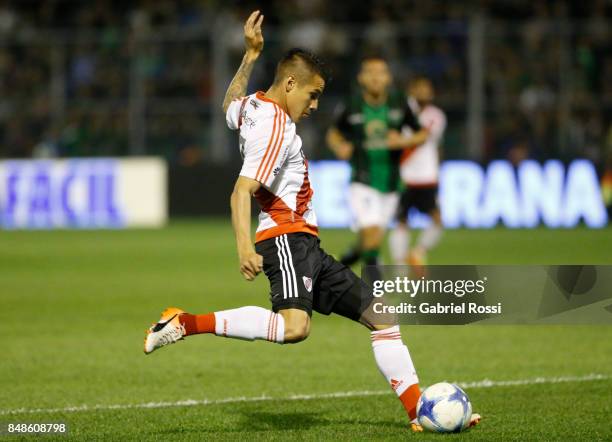 Carlos Auzqui of River Plate kicks the ball during a match between San Martin de San Juan and River Plate as part of the Superliga 2017/18 at...