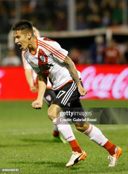 Carlos Auzqui of River Plate celebrates after scoring the second goal of his team during a match between San Martin de San Juan and River Plate as...