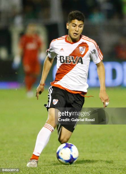 Exequiel Palacios of River Plate drives the ball during a match between San Martin de San Juan and River Plate as part of the Superliga 2017/18 at...