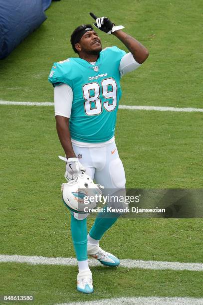 Julius Thomas of the Miami Dolphins is seen before the game against the Los Angeles Chargers at the StubHub Center on September 17, 2017 in Carson,...