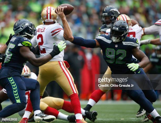 Defensive tackle Nazair Jones pressures quarterback Brian Hoyer of the San Francisco 49ers during the third quarter of the game at CenturyLink Field...