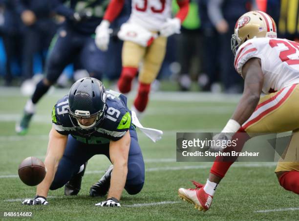 Wide receiver Tanner McEvoy of the Seattle Seahawks can't complete the pass during the third quarter of the game against the San Francisco 49ers at...