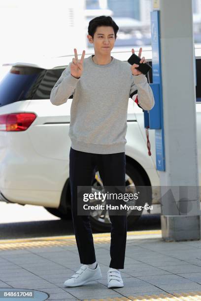 Chan Yeol of boy band EXO-K is seen on departure at Incheon International Airport on September 17, 2017 in Incheon, South Korea.