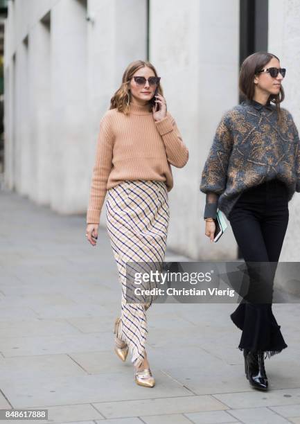 Olivia Palermo wearing beige knit, skirt outside Peter Pilotto during London Fashion Week September 2017 on September 17, 2017 in London, England.