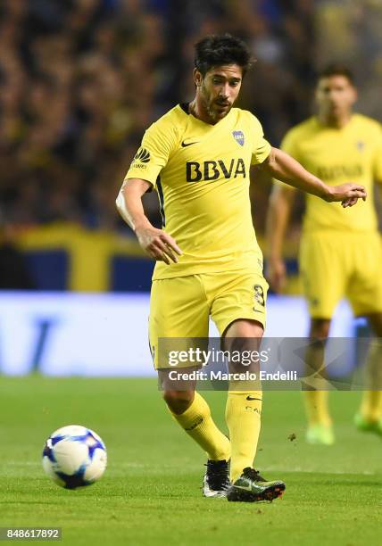 Pablo Perez of Boca Juniors kicks the ball during a match between Boca Juniors and Godoy Cruz as part of Superliga 2017/18 at Alberto J. Armando...