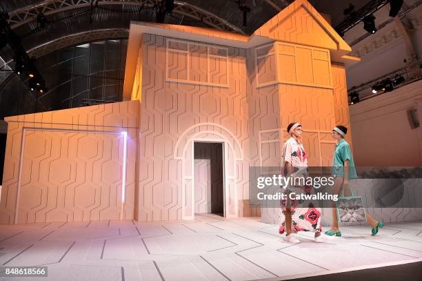 Models walk the runway at the Anya Hindmarch Spring Summer 2018 fashion show during London Fashion Week on September 17, 2017 in London, United...