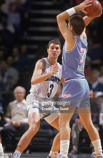 Rex Chapman of the Charlotte Hornets plays defense during an NBA game at Charlotte Colesium in 1989.