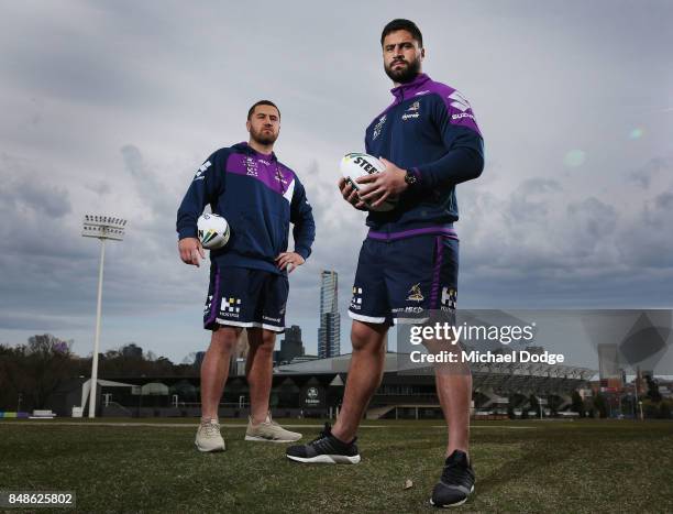 Kenneath Bromwich and brother Jesse Bromwich pose during a Melbourne Storm NRL training session at AAMI Park on September 18, 2017 in Melbourne,...