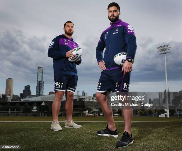 Kenneath Bromwich and brother Jesse Bromwich pose during a Melbourne Storm NRL training session at AAMI Park on September 18, 2017 in Melbourne,...