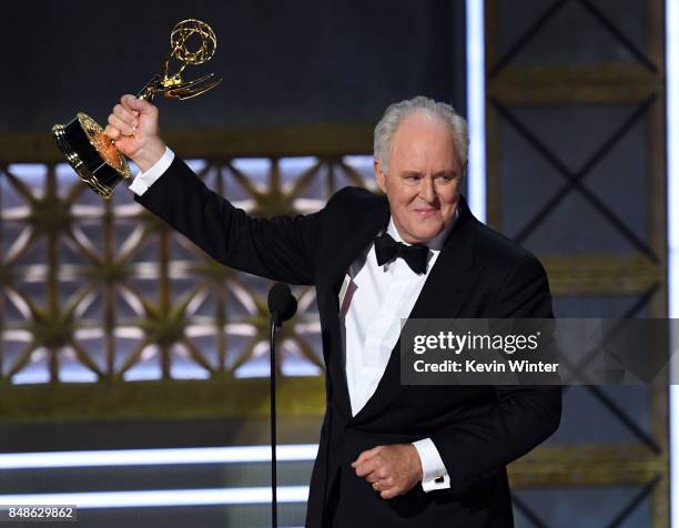 Actor John Lithgow accepts Outstanding Supporting Actor in a Drama Series for 'The Crown' onstage during the 69th Annual Primetime Emmy Awards at...