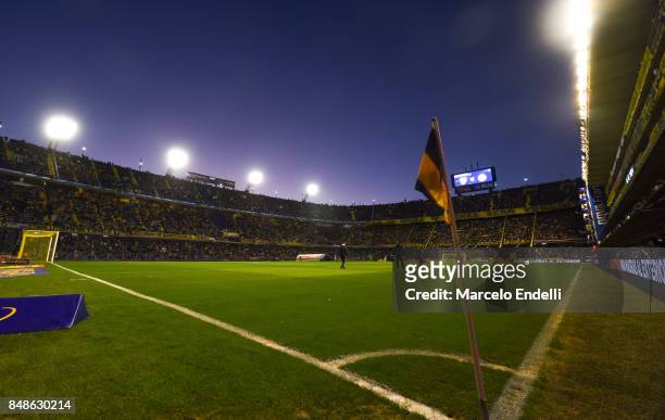 General view of the pitch from the corner flag during a match between Boca Juniors and Godoy Cruz as part of Superliga 2017/18 at Alberto J. Armando...
