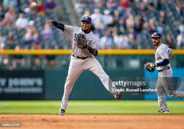 Erick Aybar of the San Diego Padres makes a play on a ground ball in the eighth inning of a regular season MLB game between the Colorado Rockies and...