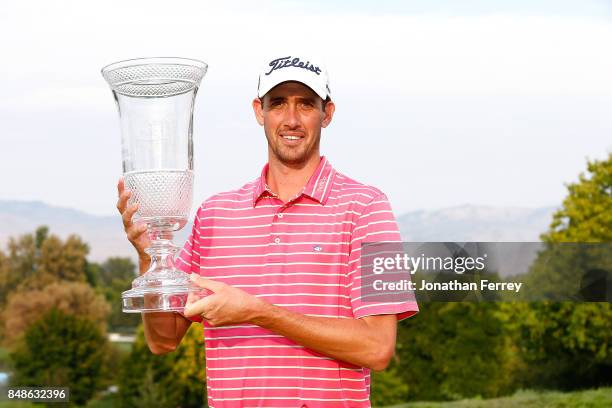 Chesson Hadley poses with the trophy after winning the Web.com Tour Albertson's Boise Open at Hillcrest Country Club on September 17, 2017 in Boise,...