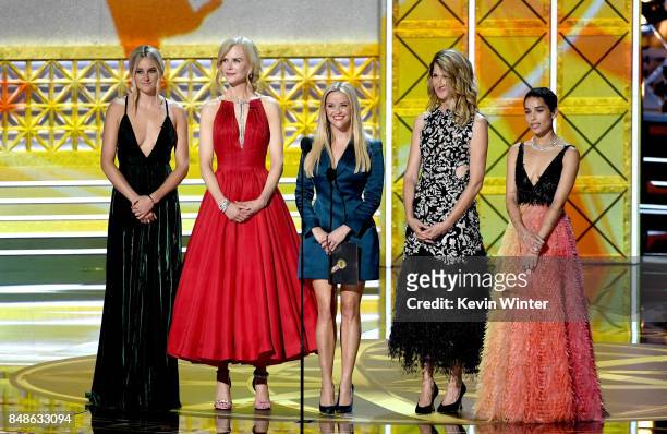 Actors Shailene Woodley, Nicole Kidman, Reese Witherspoon, Laura Dern, and Zoe Kravitz speak onstage during the 69th Annual Primetime Emmy Awards at...