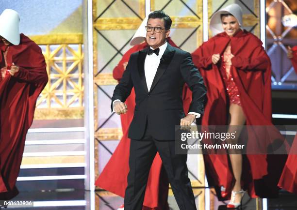Host Stephen Colbert performs onstage during the 69th Annual Primetime Emmy Awards at Microsoft Theater on September 17, 2017 in Los Angeles,...