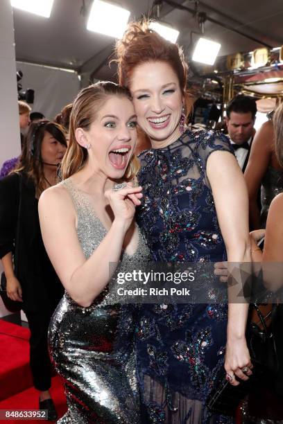 Actors Anna Chlumsky and Ellie Kemper walk the red carpet during the 69th Annual Primetime Emmy Awards at Microsoft Theater on September 17, 2017 in...