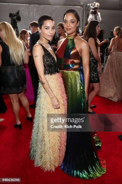 Actors Zoe Kravitz and Tessa Thompson walk the red carpet during the 69th Annual Primetime Emmy Awards at Microsoft Theater on September 17, 2017 in...